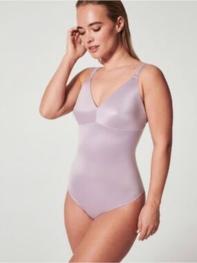 SPANX Satin Shaping Thong Bodysuit in Light Orchid size L